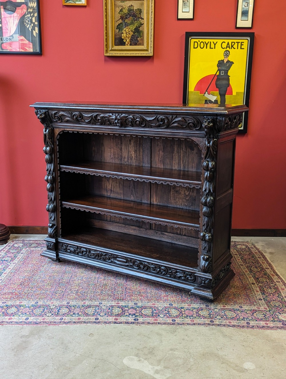 Antique Victorian Carved Oak Open Bookcase