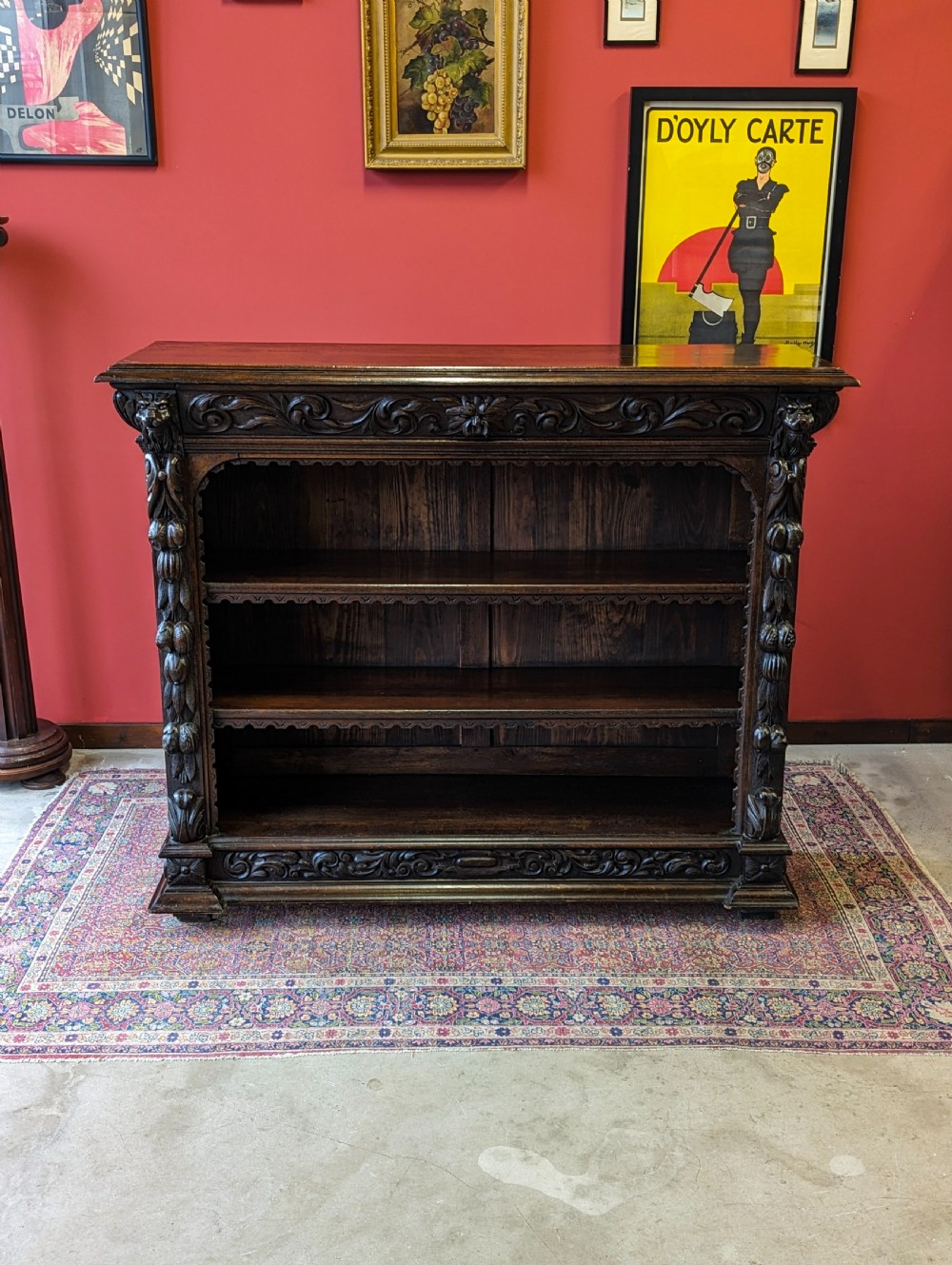 Antique Victorian Carved Oak Open Bookcase View II