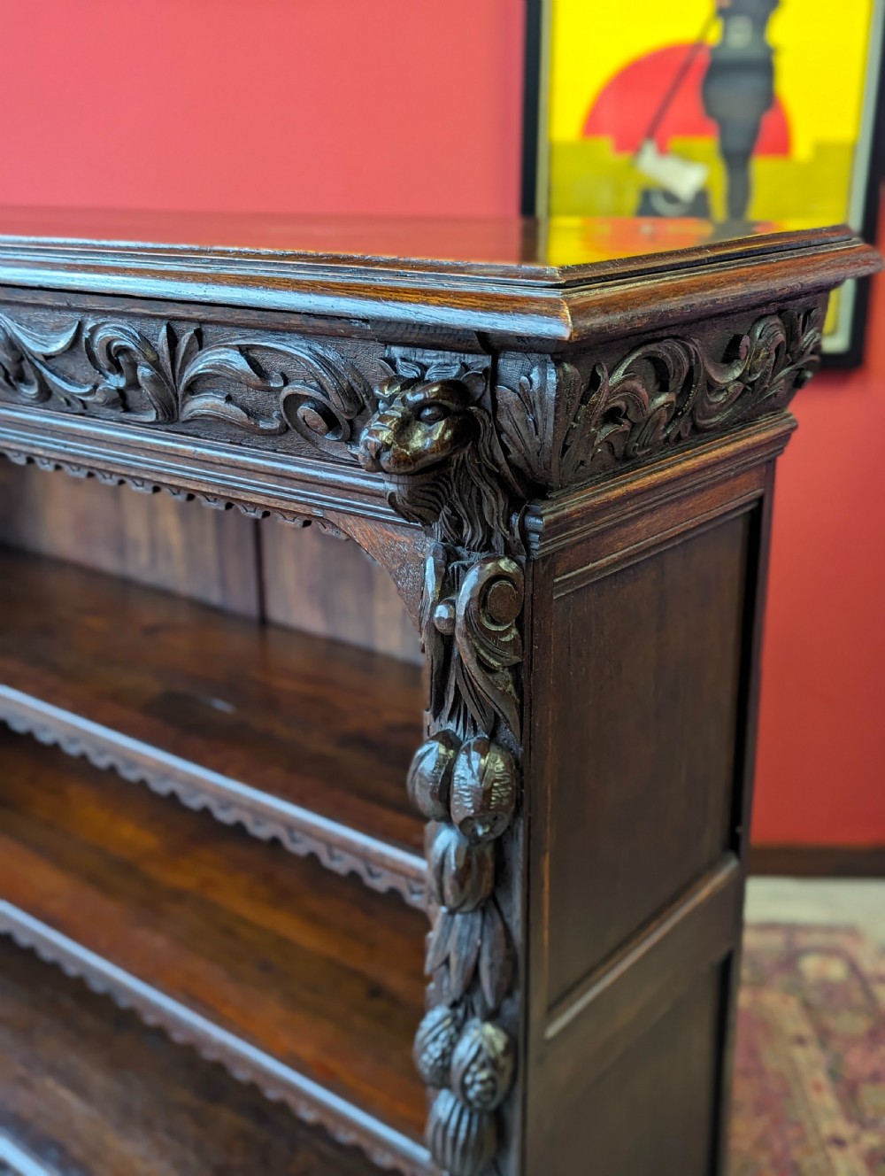 Antique Victorian Carved Oak Open Bookcase View III