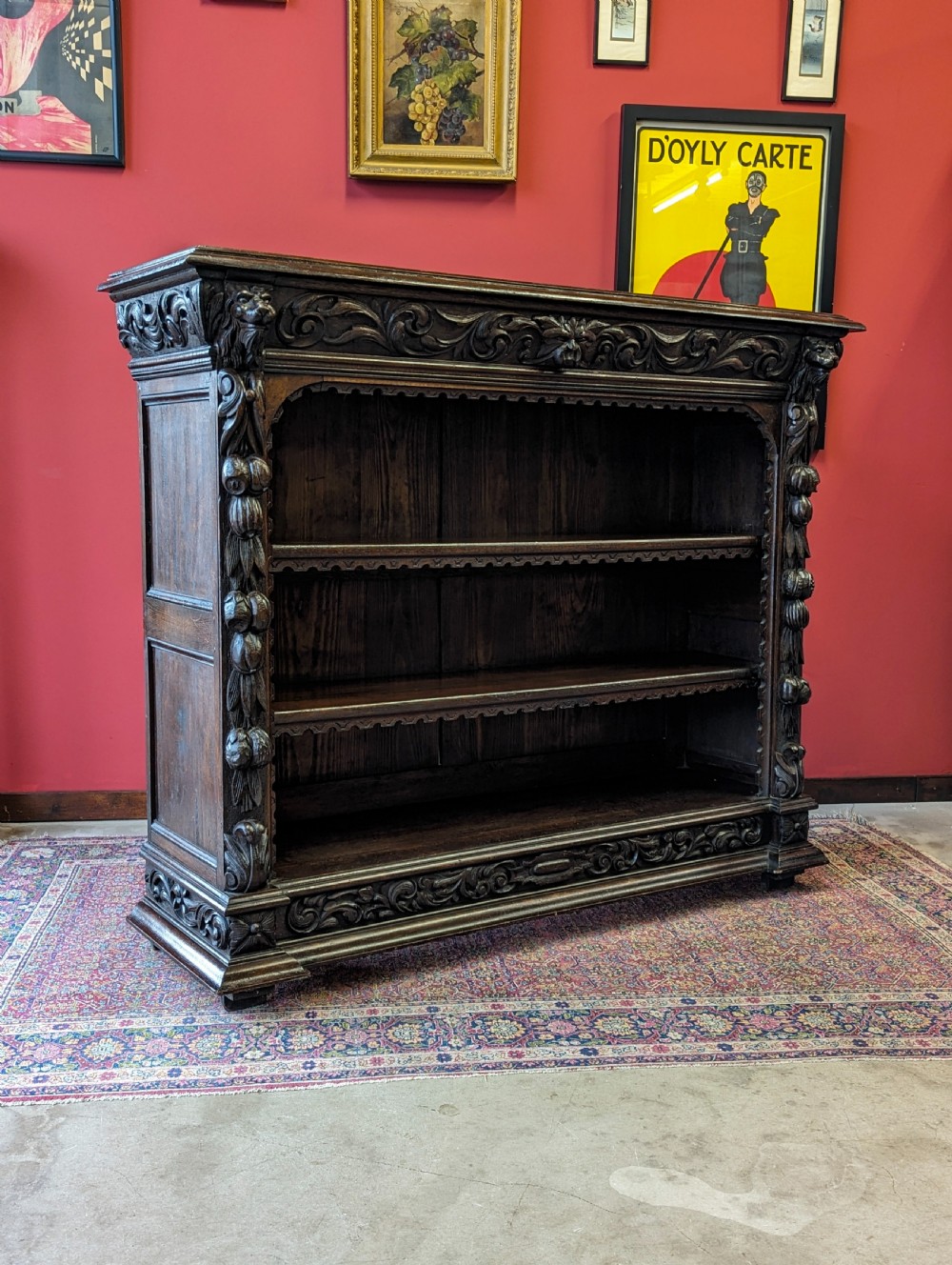 Antique Victorian Carved Oak Open Bookcase View IV