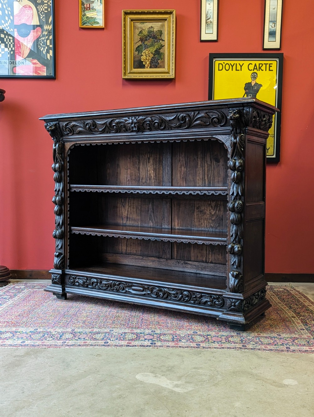 Antique Victorian Carved Oak Open Bookcase View V