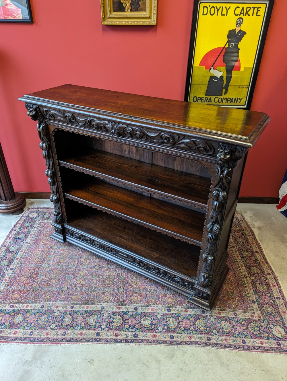 Antique Victorian Carved Oak Open Bookcase View VI