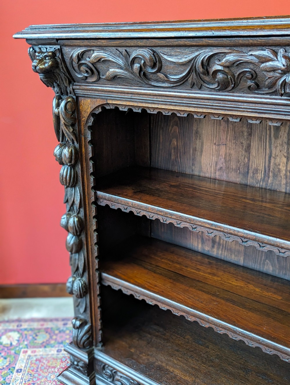 Antique Victorian Carved Oak Open Bookcase View VII