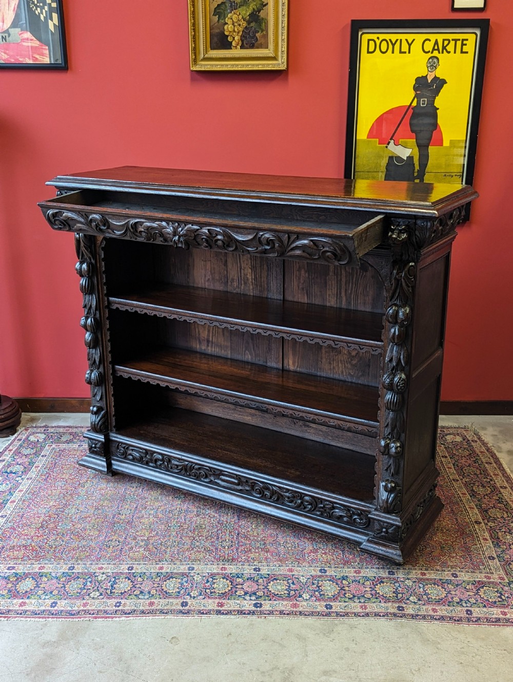 Antique Victorian Carved Oak Open Bookcase View IX