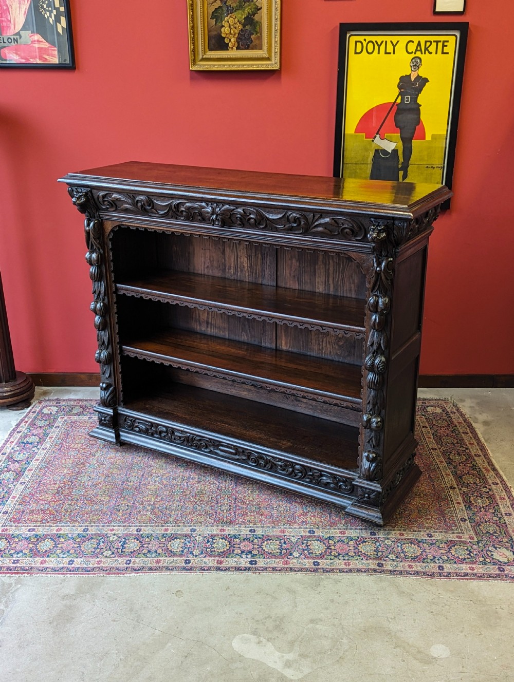 Antique Victorian Carved Oak Open Bookcase View X