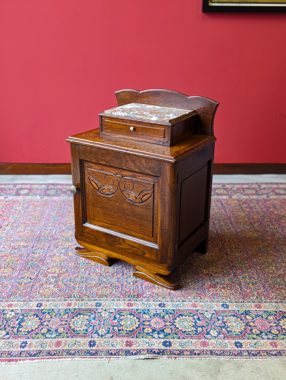 Antique Edwardian Art Nouveau Oak Marble-Top Bedside Cabinet c.1910