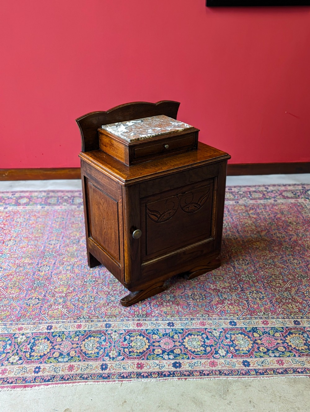 Antique Edwardian Art Nouveau Oak Marble-Top Bedside Cabinet c.1910 View III