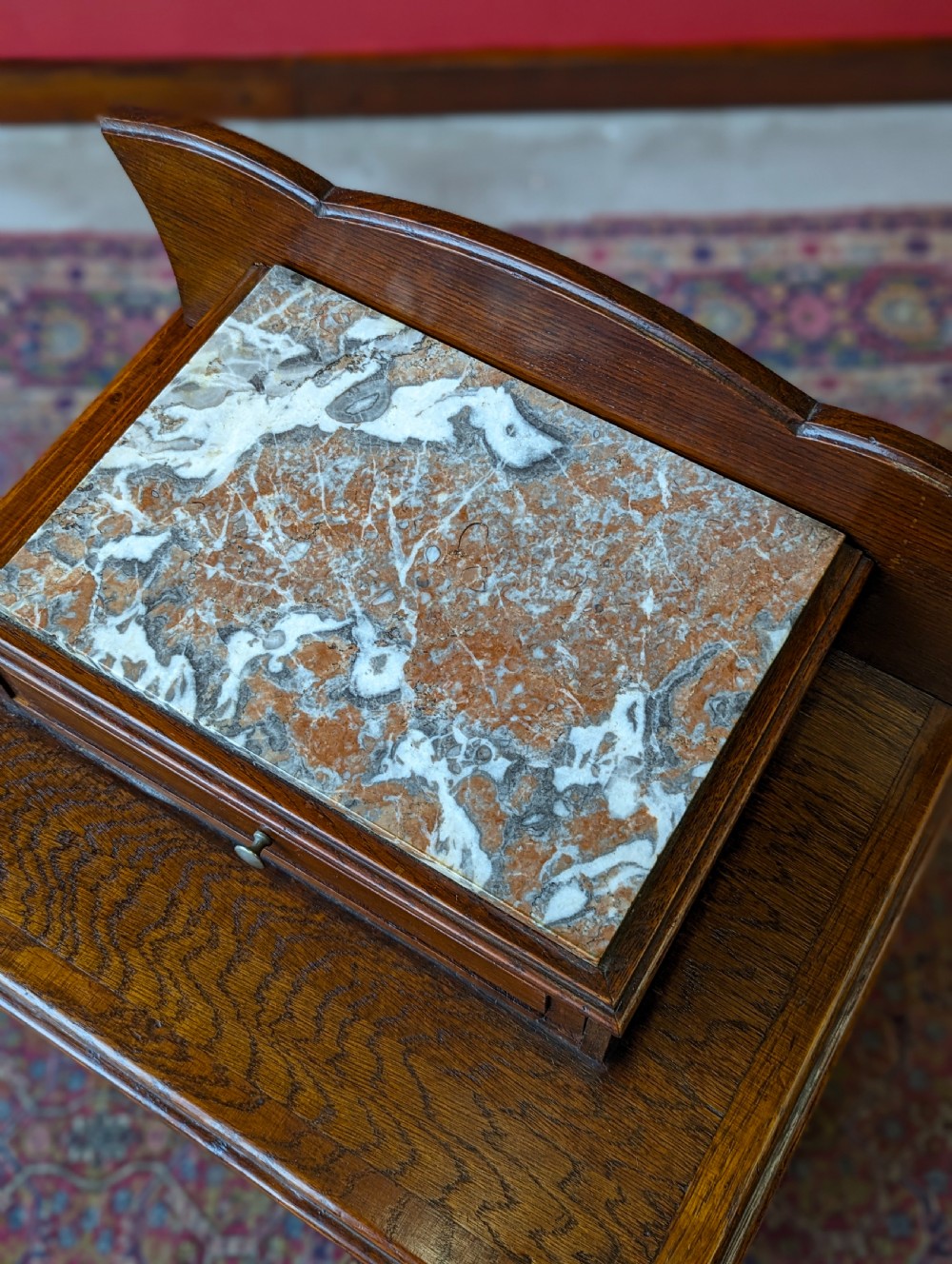 Antique Edwardian Art Nouveau Oak Marble-Top Bedside Cabinet c.1910 View IV