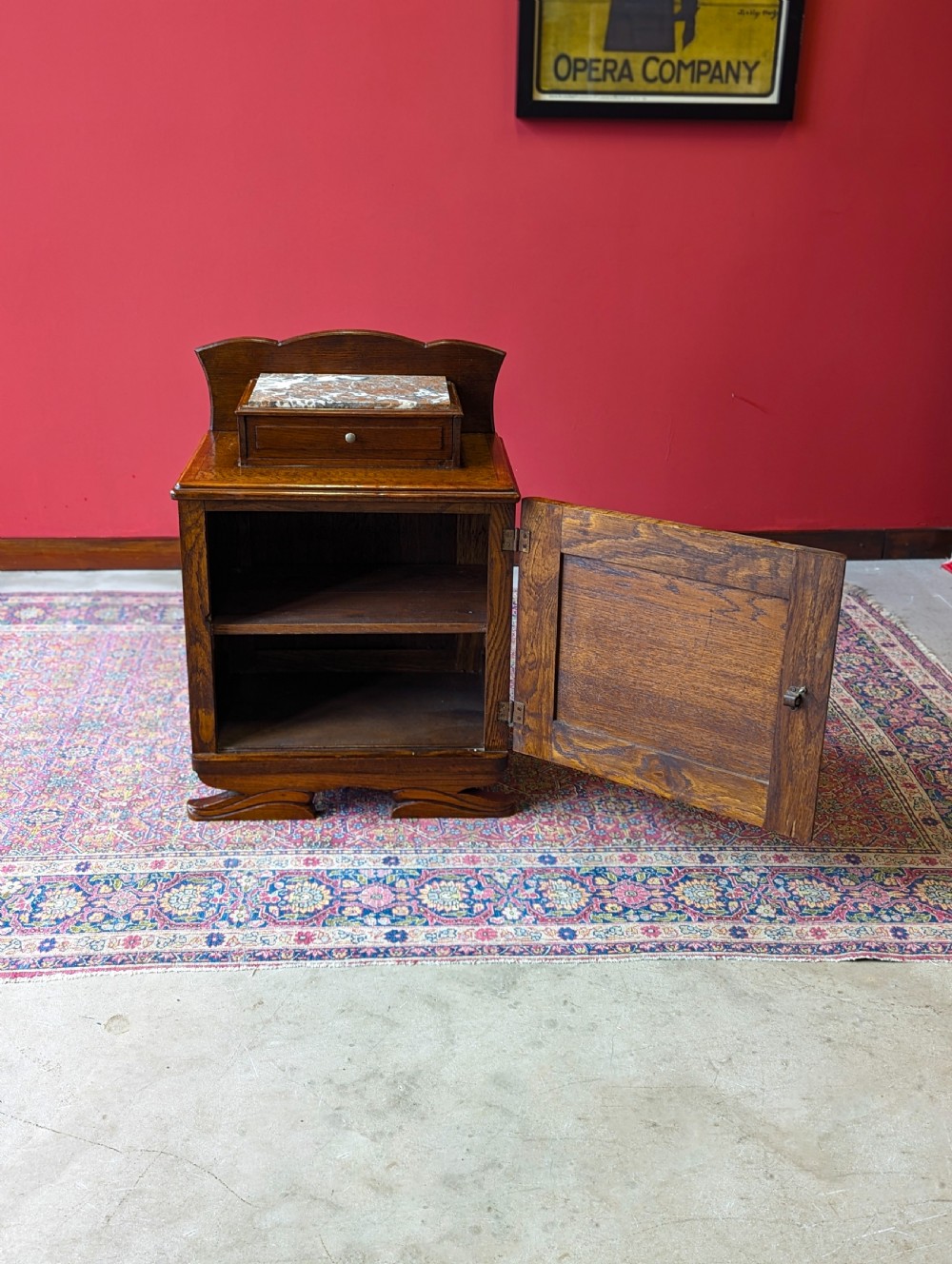 Antique Edwardian Art Nouveau Oak Marble-Top Bedside Cabinet c.1910 View VI