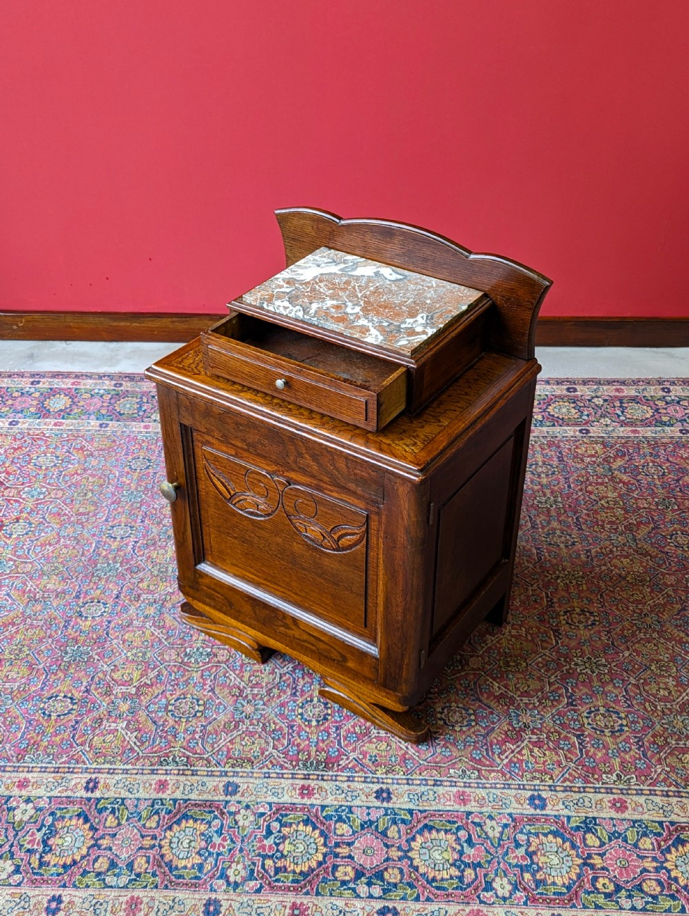Antique Edwardian Art Nouveau Oak Marble-Top Bedside Cabinet c.1910 View IX