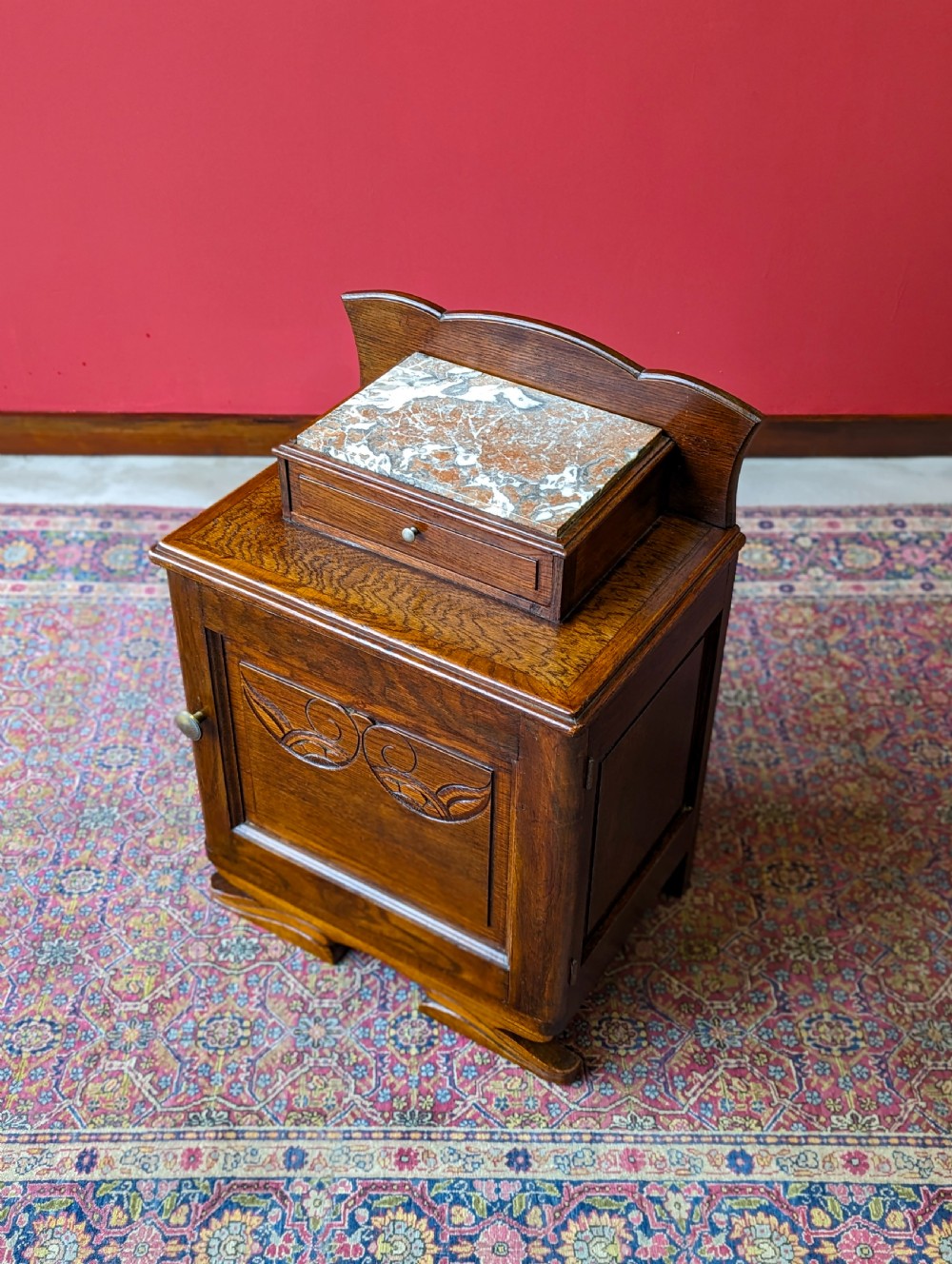 Antique Edwardian Art Nouveau Oak Marble-Top Bedside Cabinet c.1910 View X