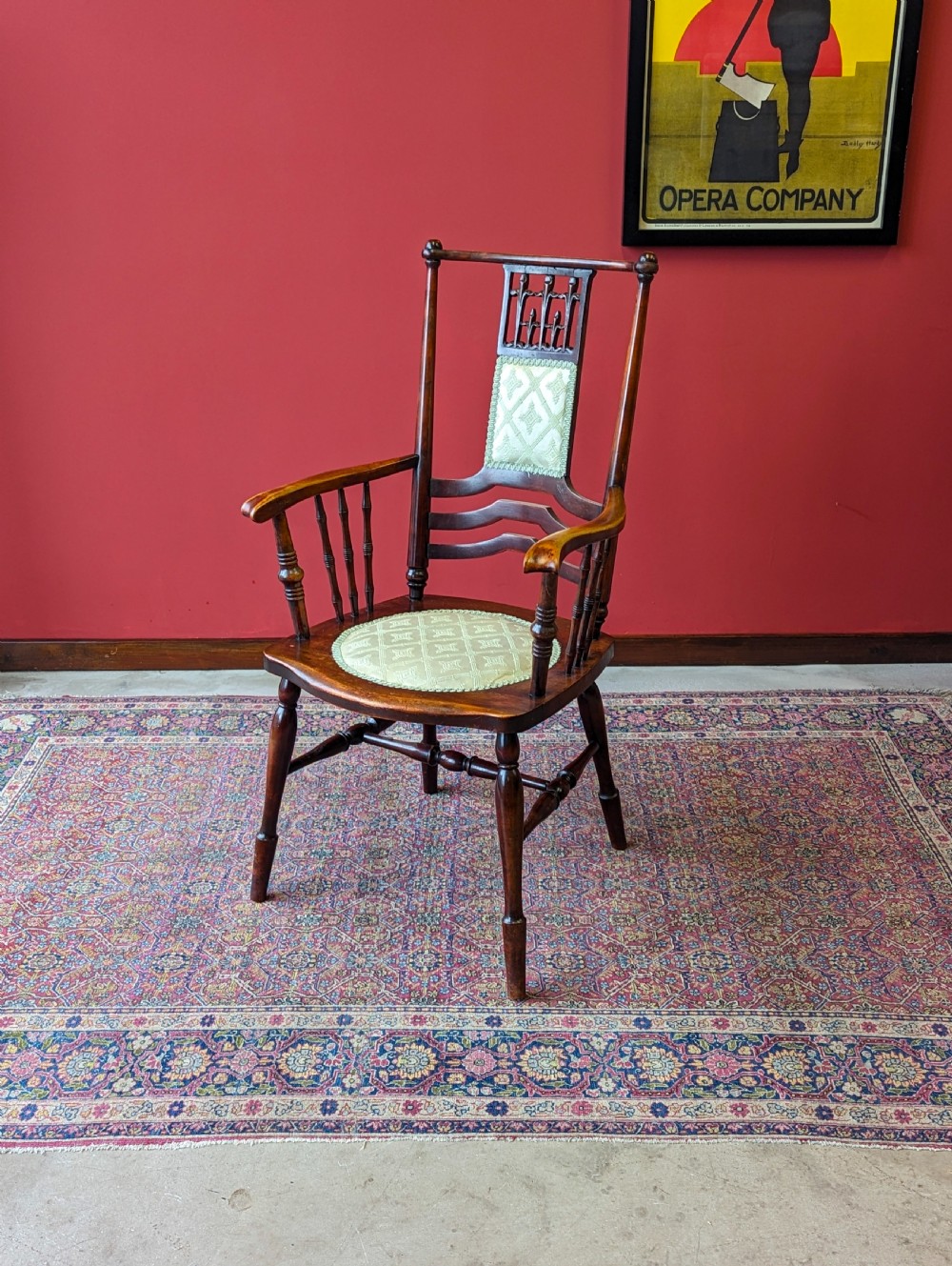 Antique Victorian Elm Upholstered Elbow Chair