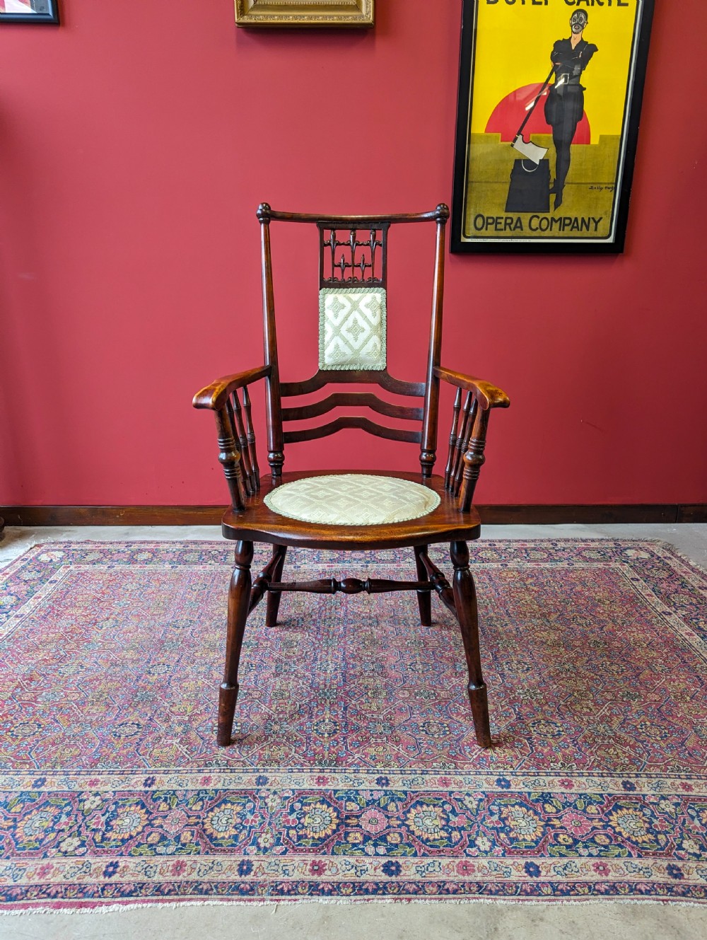 Antique Victorian Elm Upholstered Elbow Chair View II