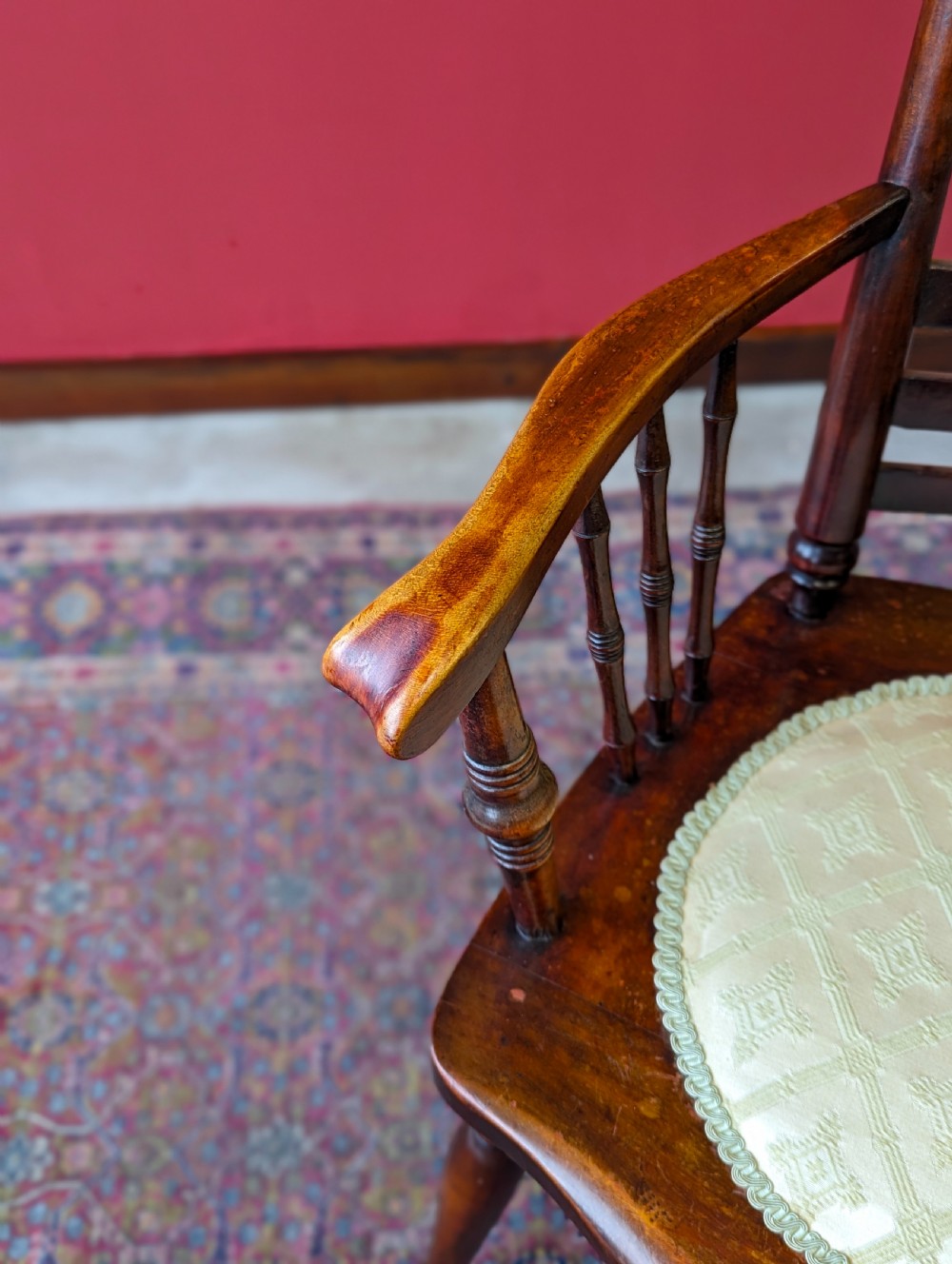 Antique Victorian Elm Upholstered Elbow Chair View IV