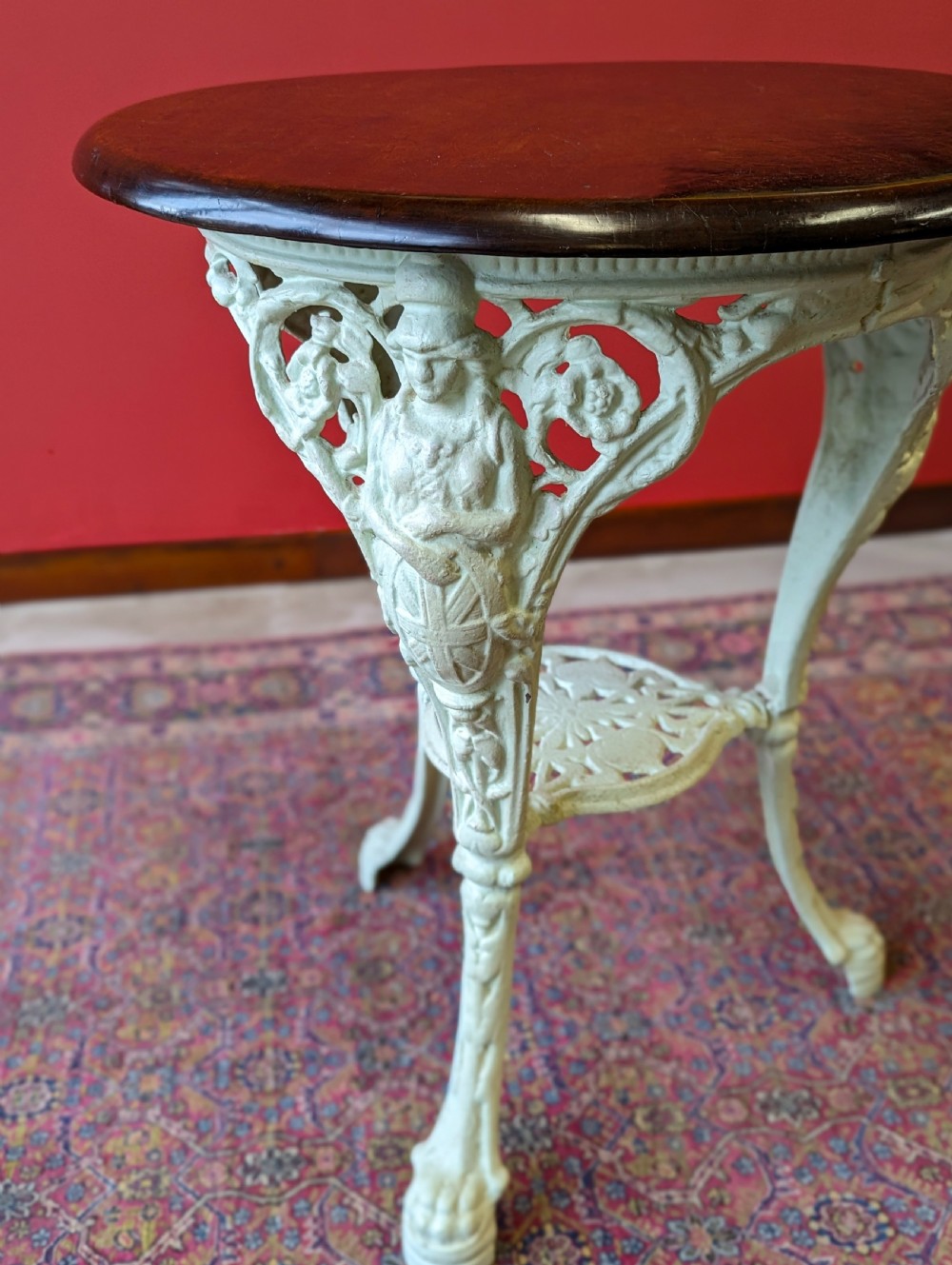 Antique Victorian Mahogany Topped Cast Iron Circular Pub Table View III