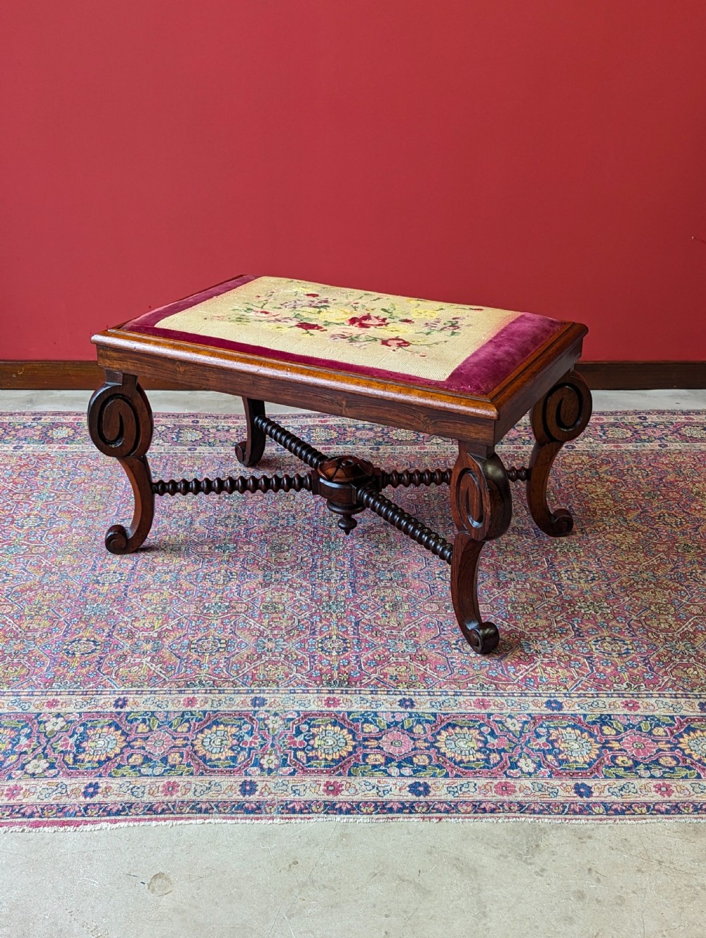 Antique William IV Rosewood Bobbin Stool with Needlepoint Top c.1830s