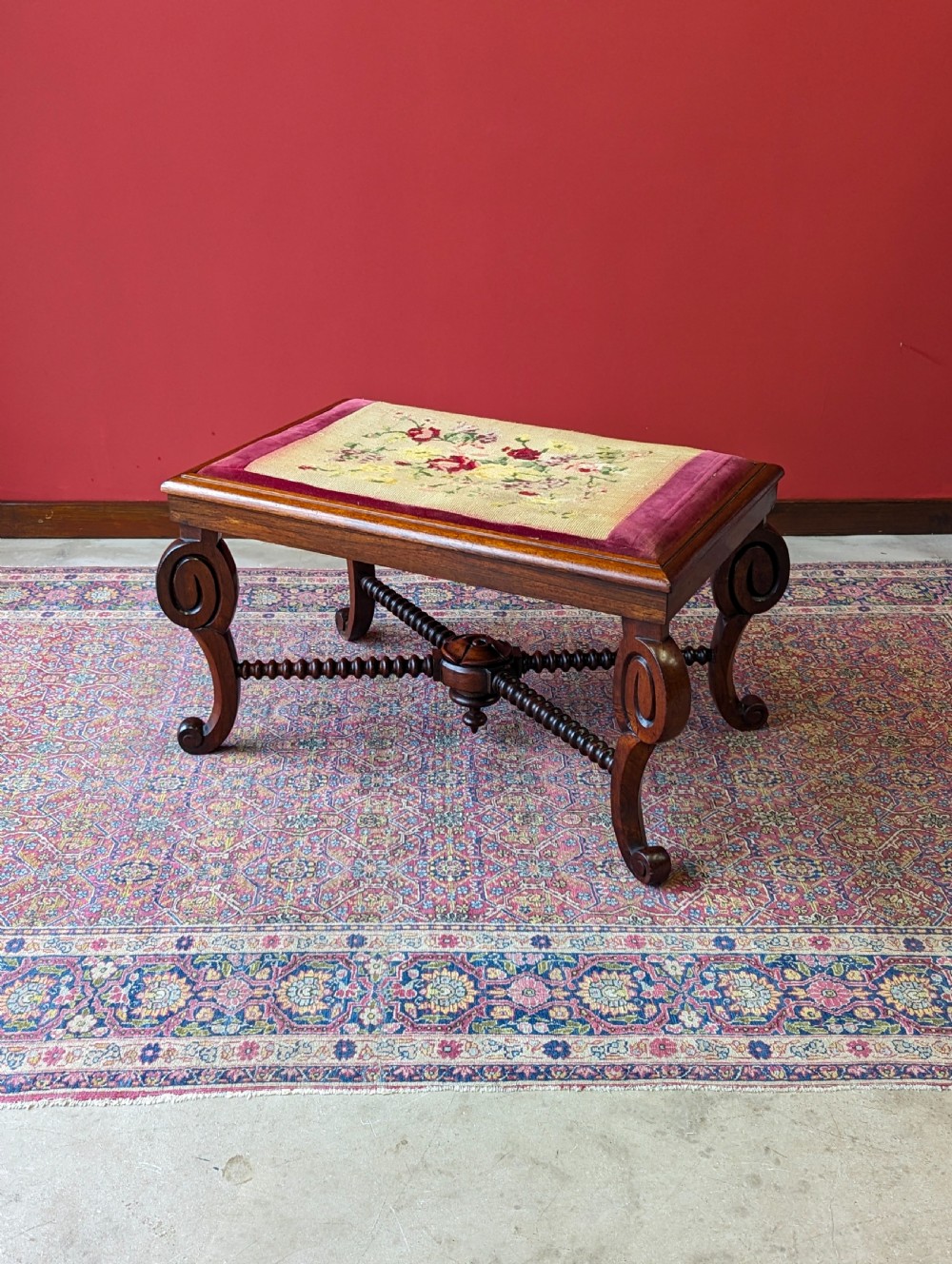 Antique William IV Rosewood Bobbin Stool with Needlepoint Top c.1830s View III
