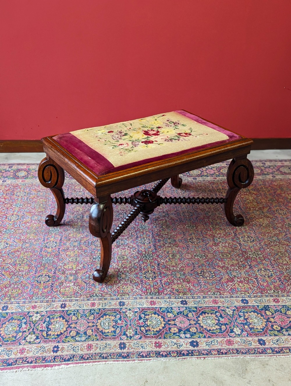 Antique William IV Rosewood Bobbin Stool with Needlepoint Top c.1830s View IV