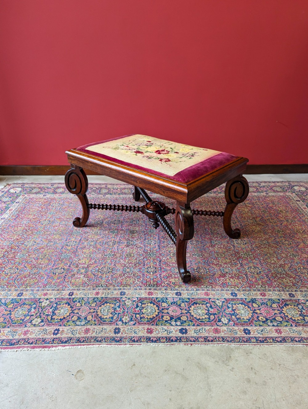 Antique William IV Rosewood Bobbin Stool with Needlepoint Top c.1830s View VI