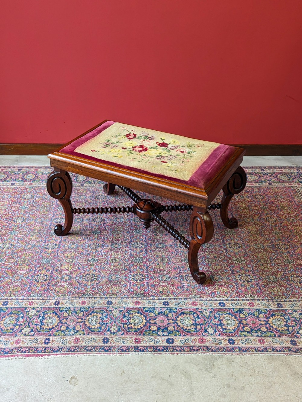 Antique William IV Rosewood Bobbin Stool with Needlepoint Top c.1830s View VIII