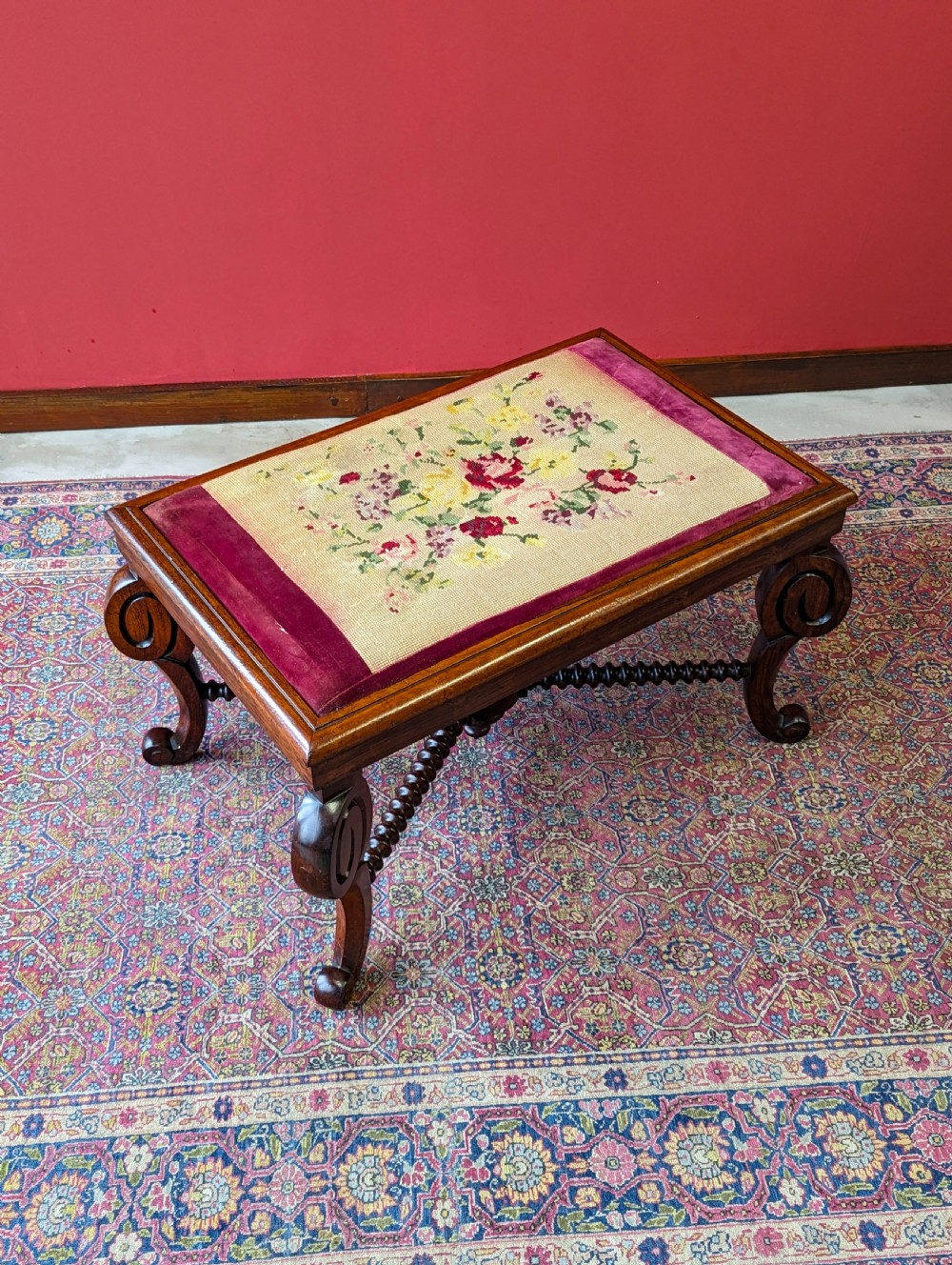 Antique William IV Rosewood Bobbin Stool with Needlepoint Top c.1830s View IX