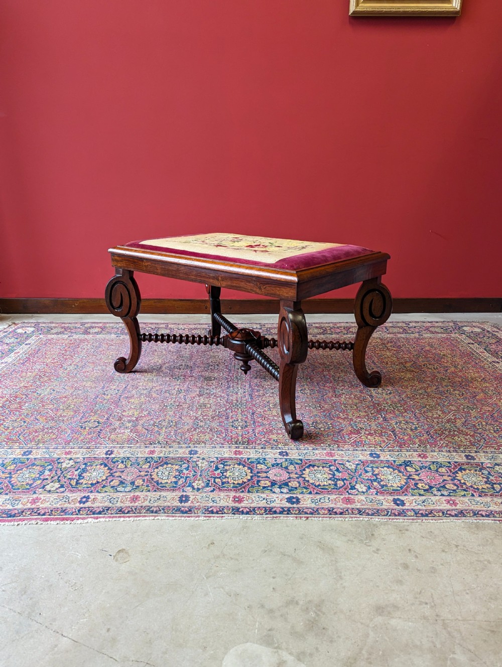 Antique William IV Rosewood Bobbin Stool with Needlepoint Top c.1830s View X