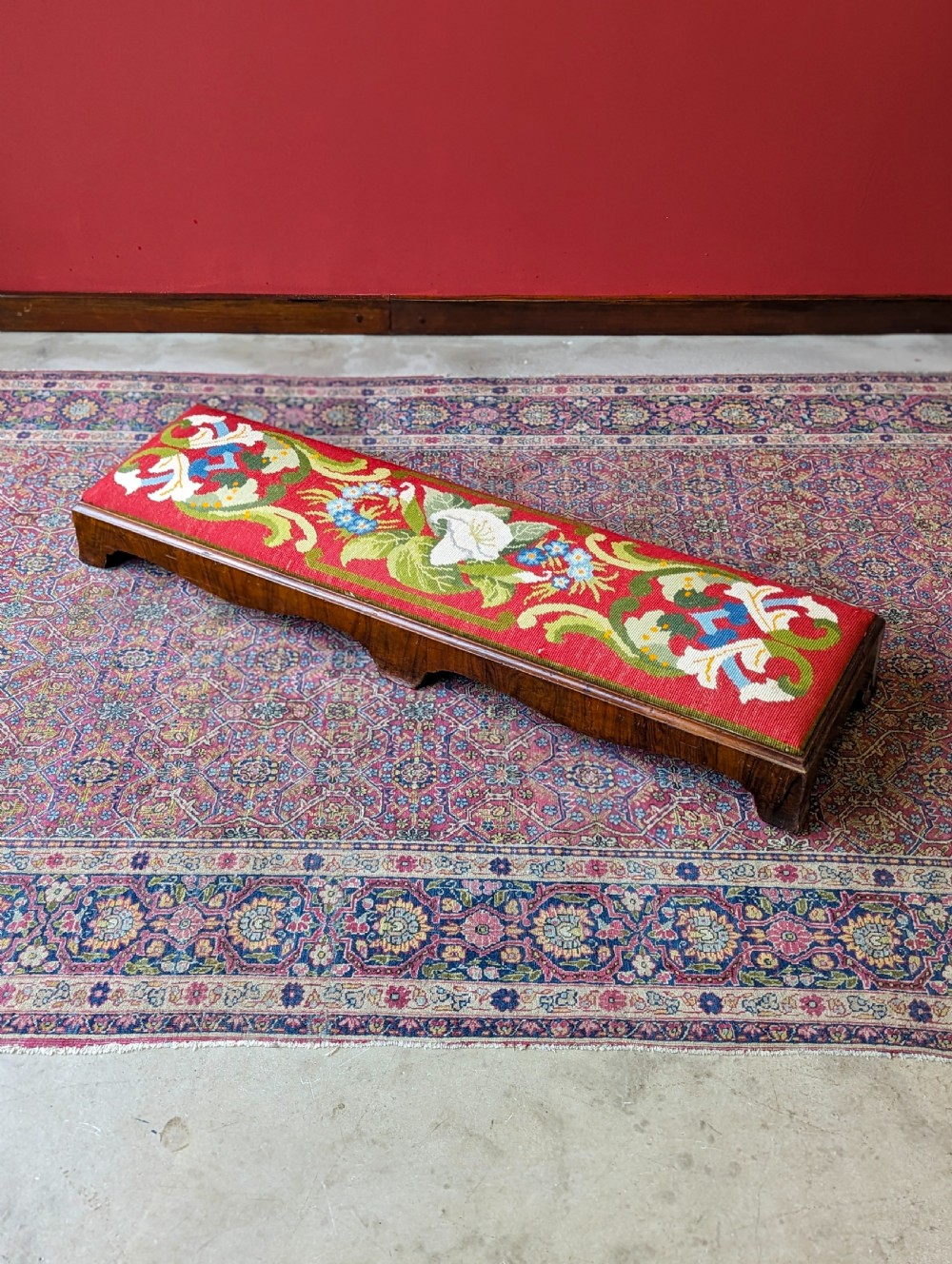 Antique Victorian Walnut Footstool with Needlepoint Floral Top, c.1870