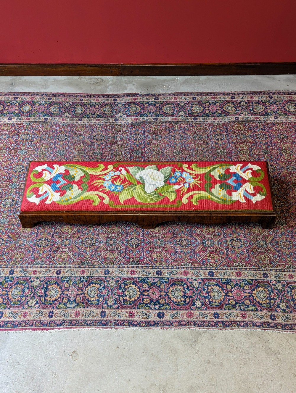 Antique Victorian Walnut Footstool with Needlepoint Floral Top, c.1870 View II