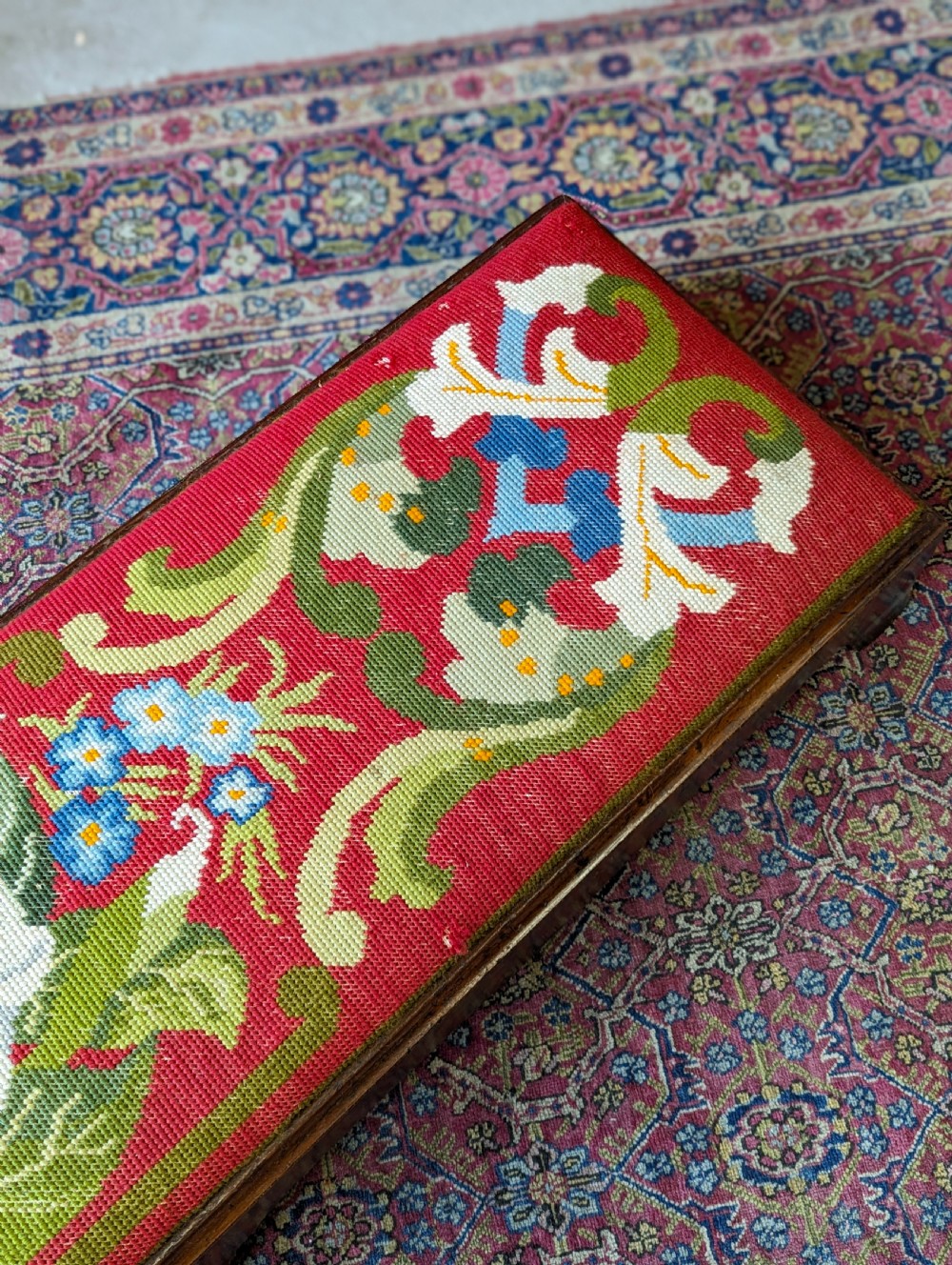 Antique Victorian Walnut Footstool with Needlepoint Floral Top, c.1870 View III
