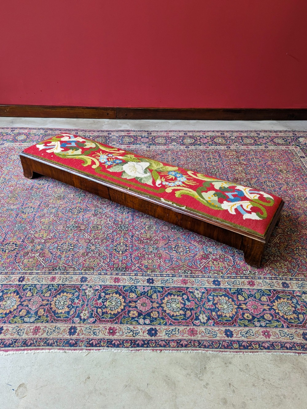 Antique Victorian Walnut Footstool with Needlepoint Floral Top, c.1870 View IV