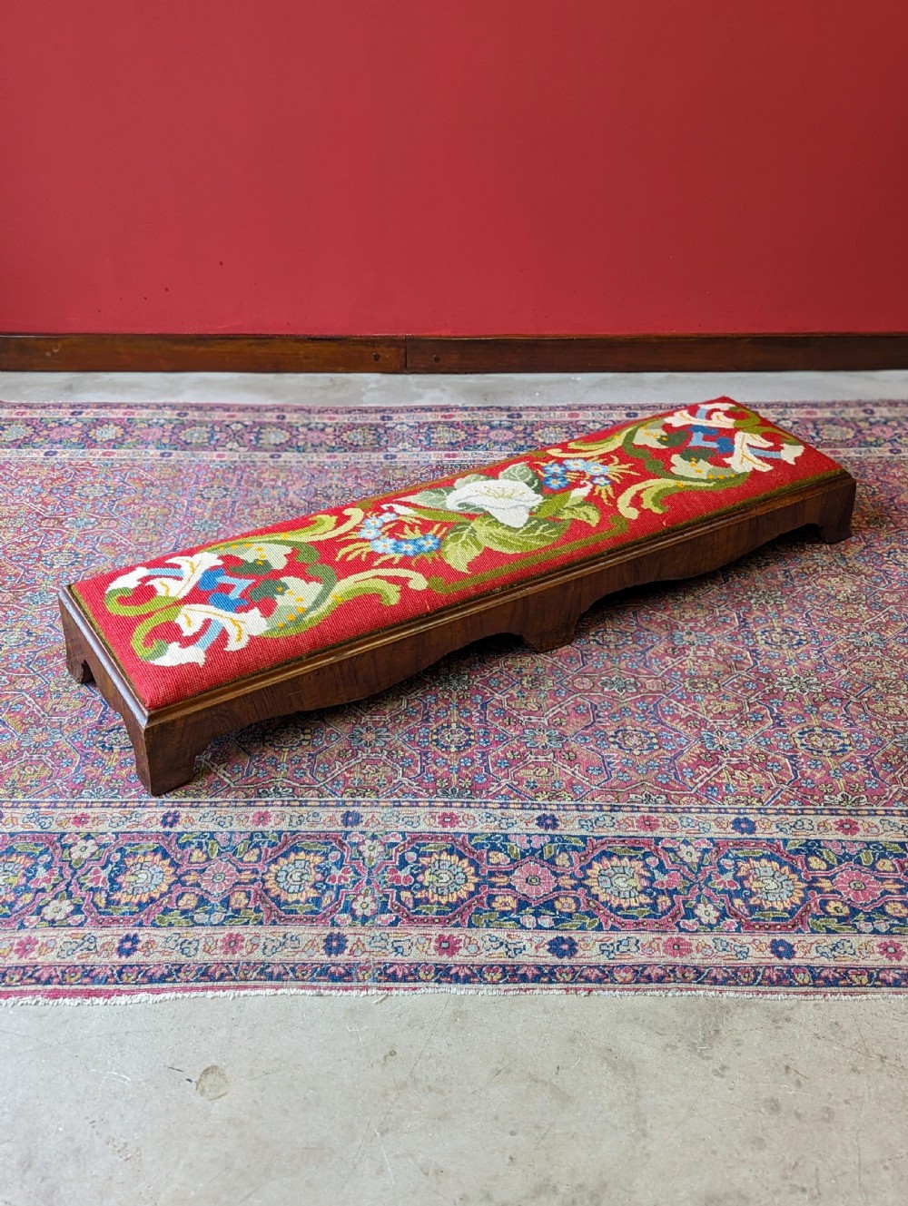 Antique Victorian Walnut Footstool with Needlepoint Floral Top, c.1870 View V
