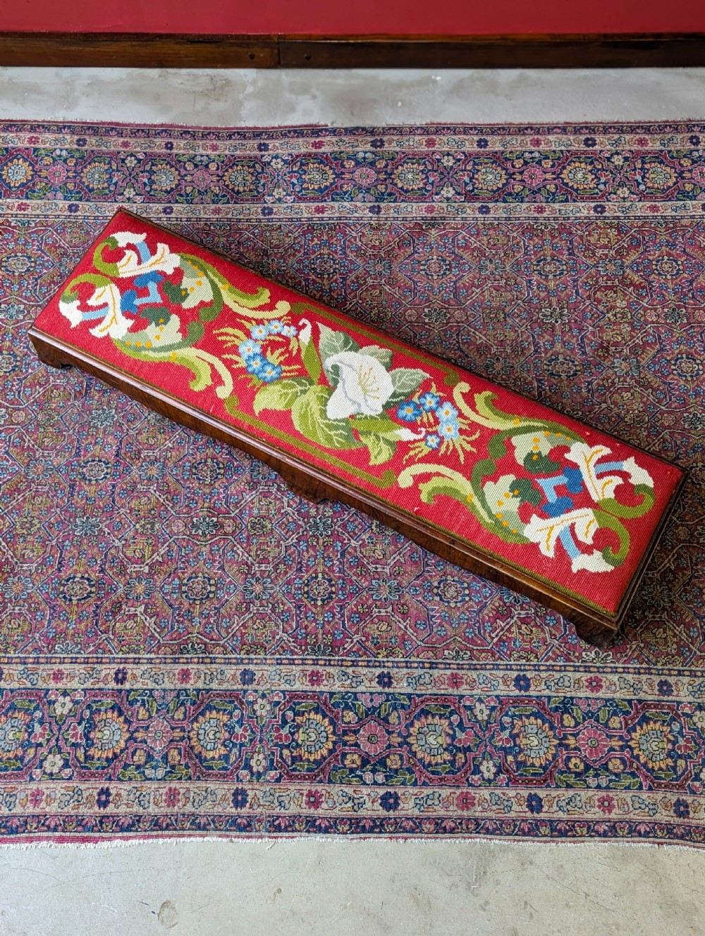 Antique Victorian Walnut Footstool with Needlepoint Floral Top, c.1870 View VI