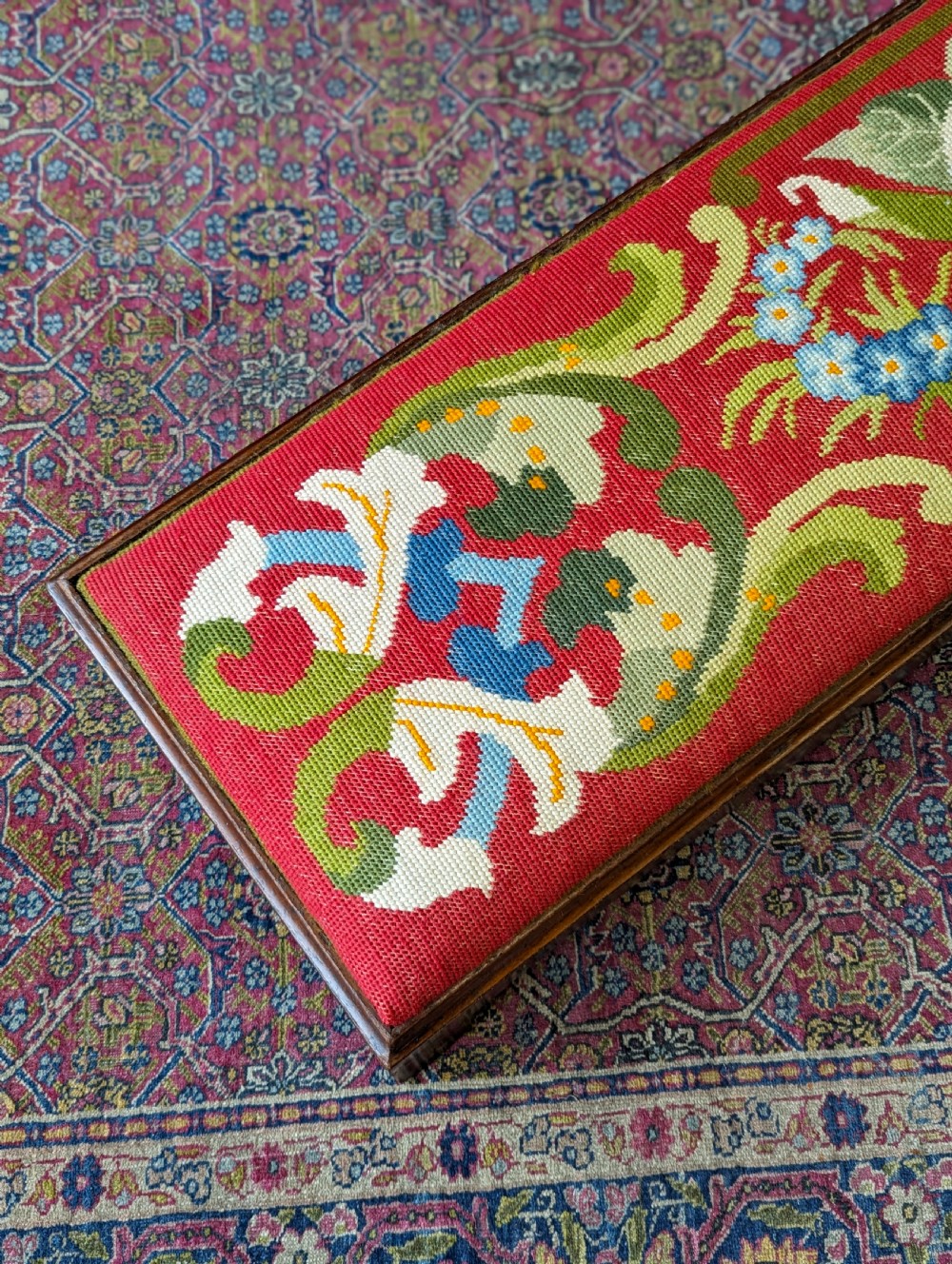 Antique Victorian Walnut Footstool with Needlepoint Floral Top, c.1870 View VII