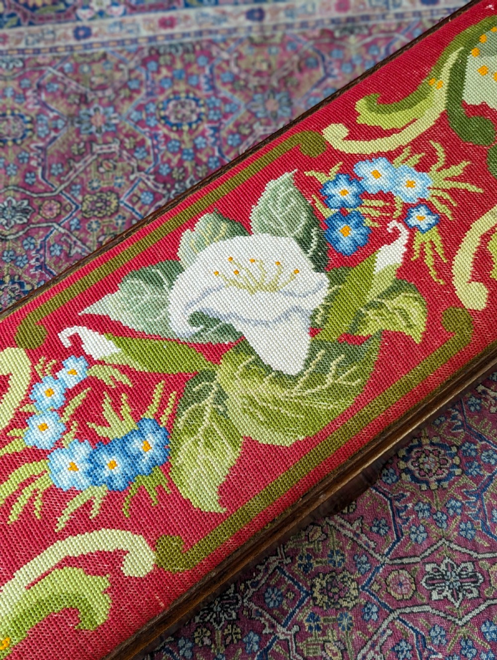 Antique Victorian Walnut Footstool with Needlepoint Floral Top, c.1870 View VIII