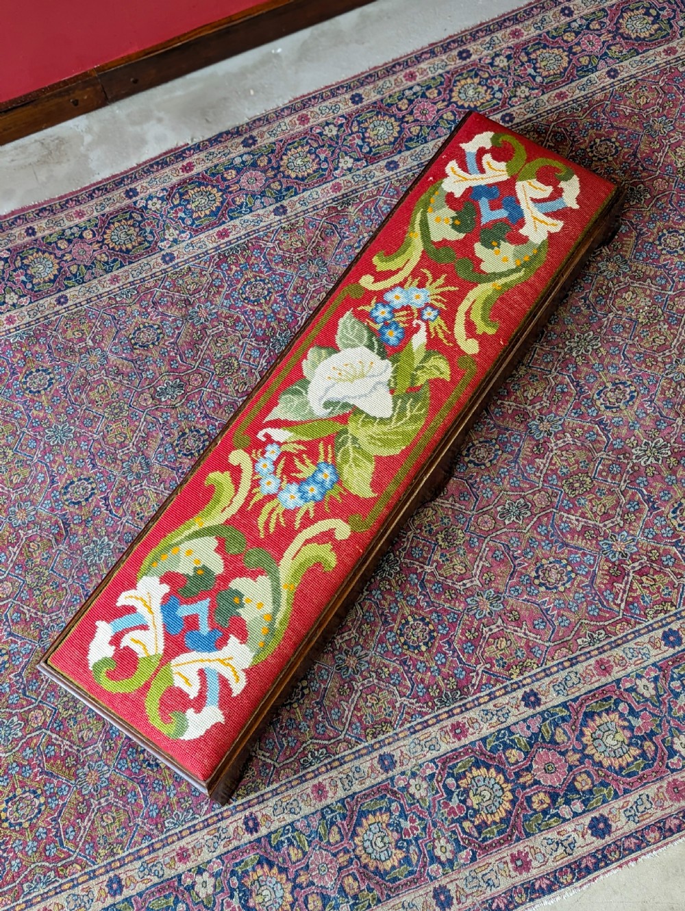 Antique Victorian Walnut Footstool with Needlepoint Floral Top, c.1870 View IX