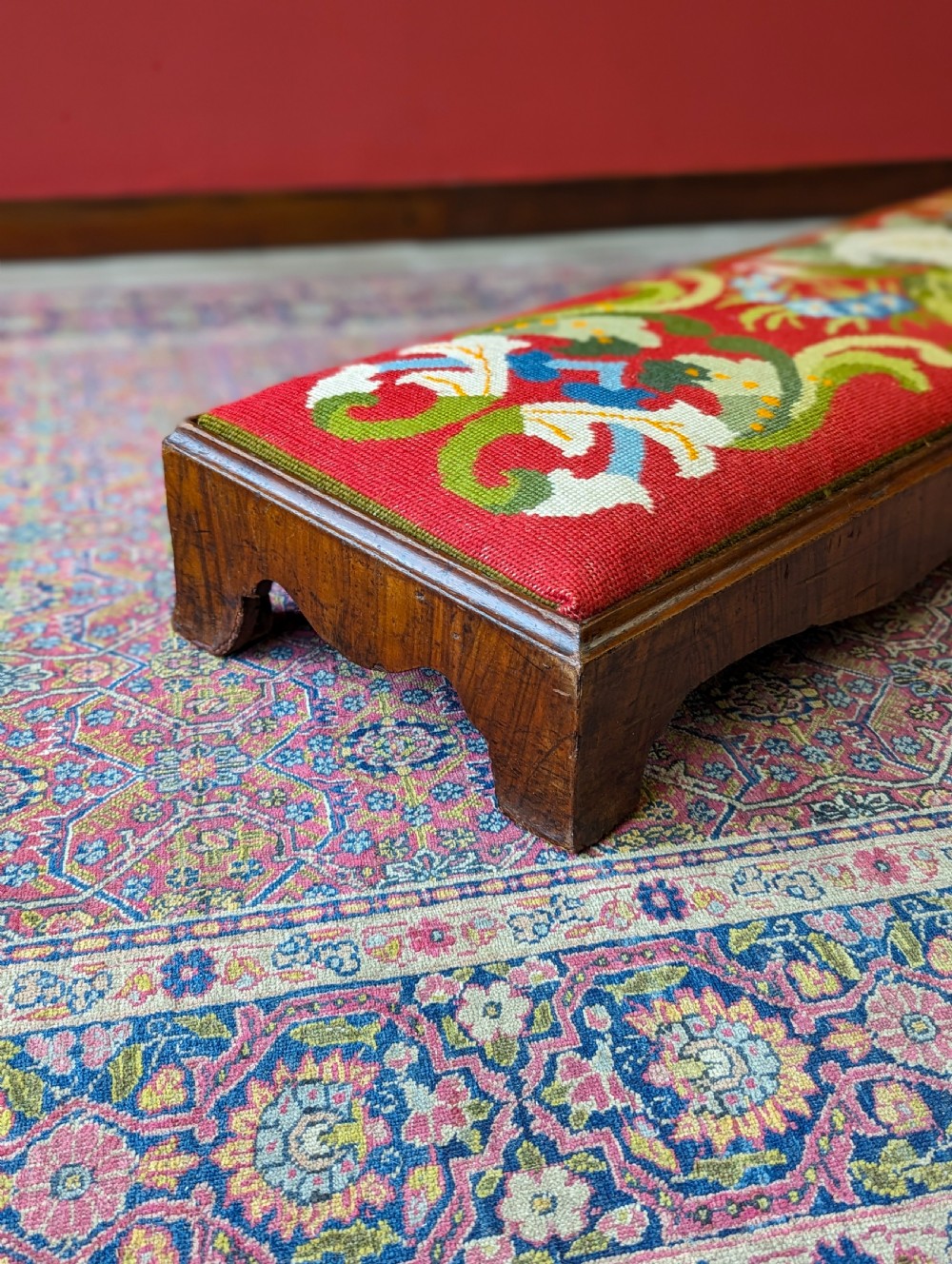 Antique Victorian Walnut Footstool with Needlepoint Floral Top, c.1870 View X