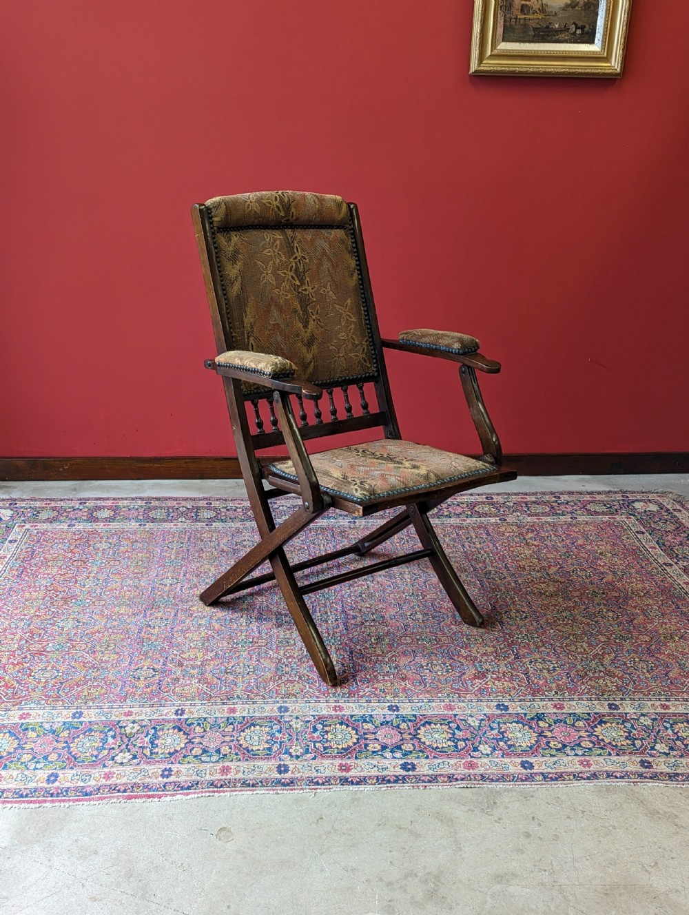Antique Victorian Mahogany Upholstered Folding Campaign Chair View II