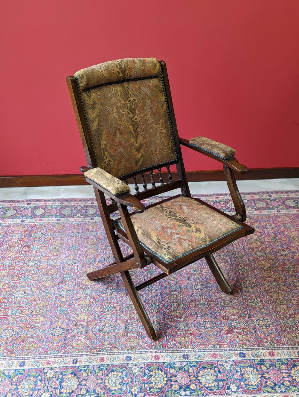 Antique Victorian Mahogany Upholstered Folding Campaign Chair View IV