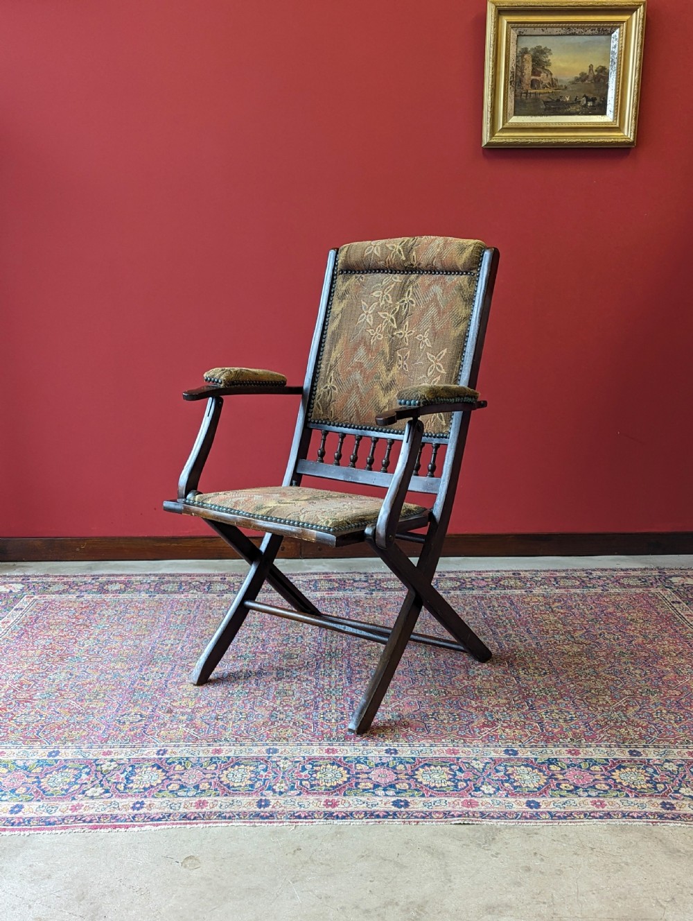 Antique Victorian Mahogany Upholstered Folding Campaign Chair View VI