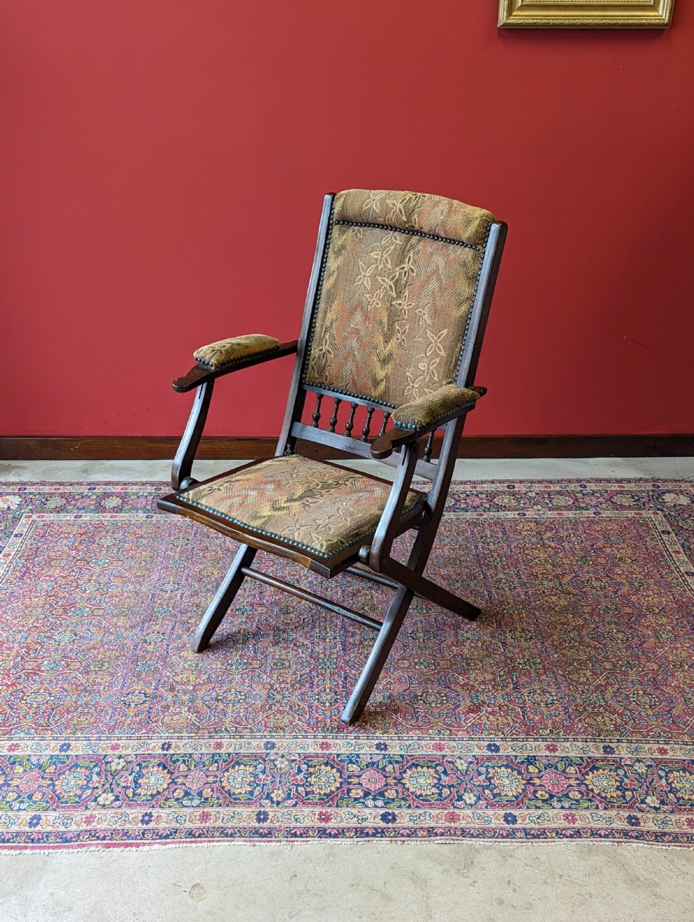 Antique Victorian Mahogany Upholstered Folding Campaign Chair View X