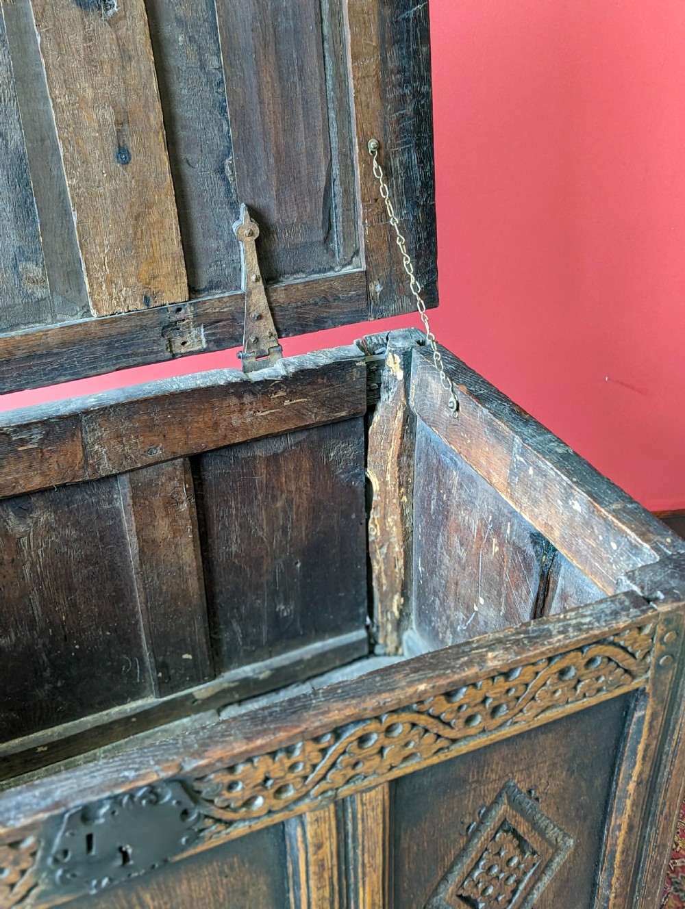 Antique 17th Century Carved Oak Coffer View III