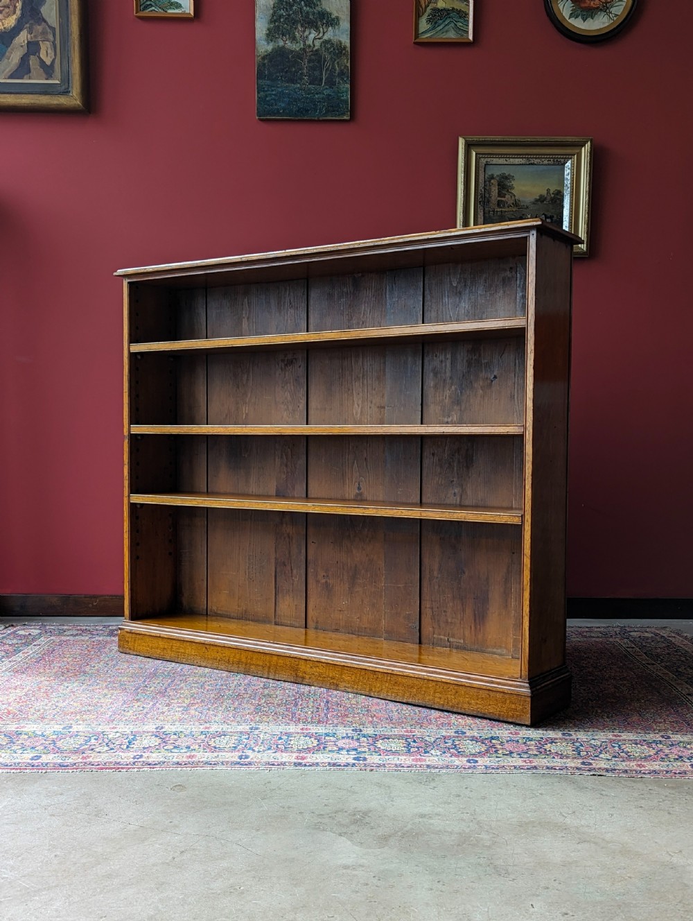 Antique Early 20th Century Light Oak Slim Open Bookcase View V