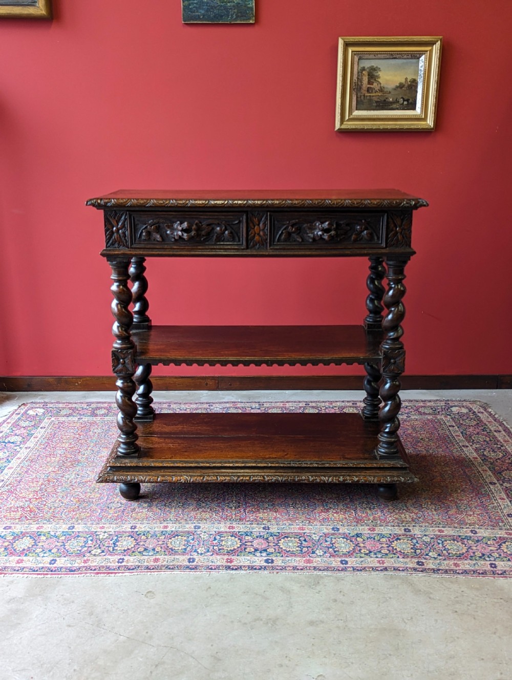 Antique Victorian Carved Oak Buffet / Tiered Side Table View II
