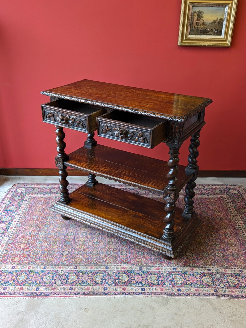 Antique Victorian Carved Oak Buffet / Tiered Side Table View IV