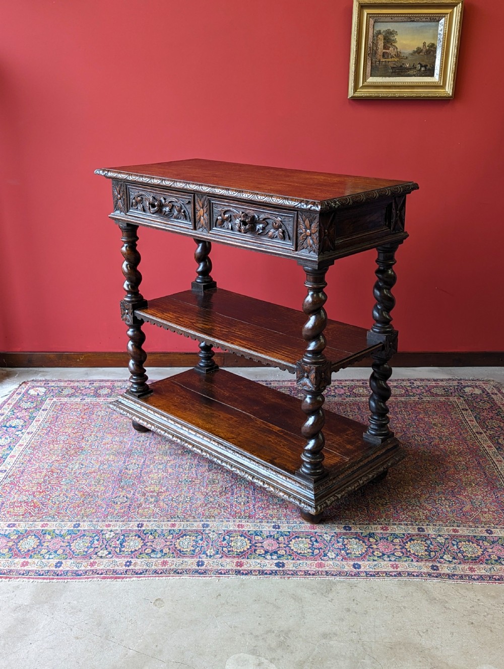 Antique Victorian Carved Oak Buffet / Tiered Side Table View V