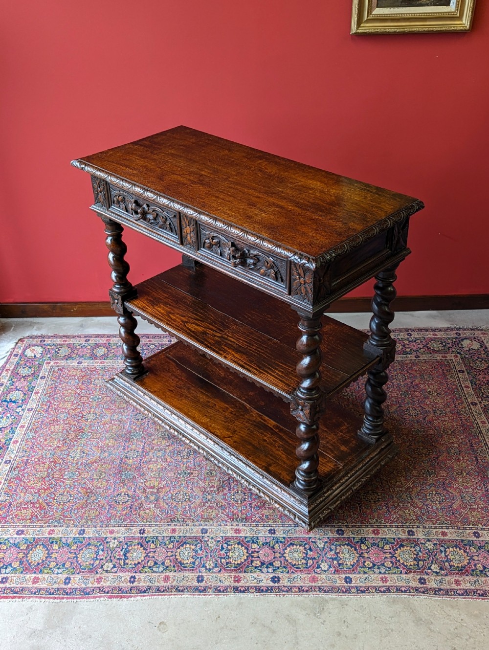 Antique Victorian Carved Oak Buffet / Tiered Side Table View VI