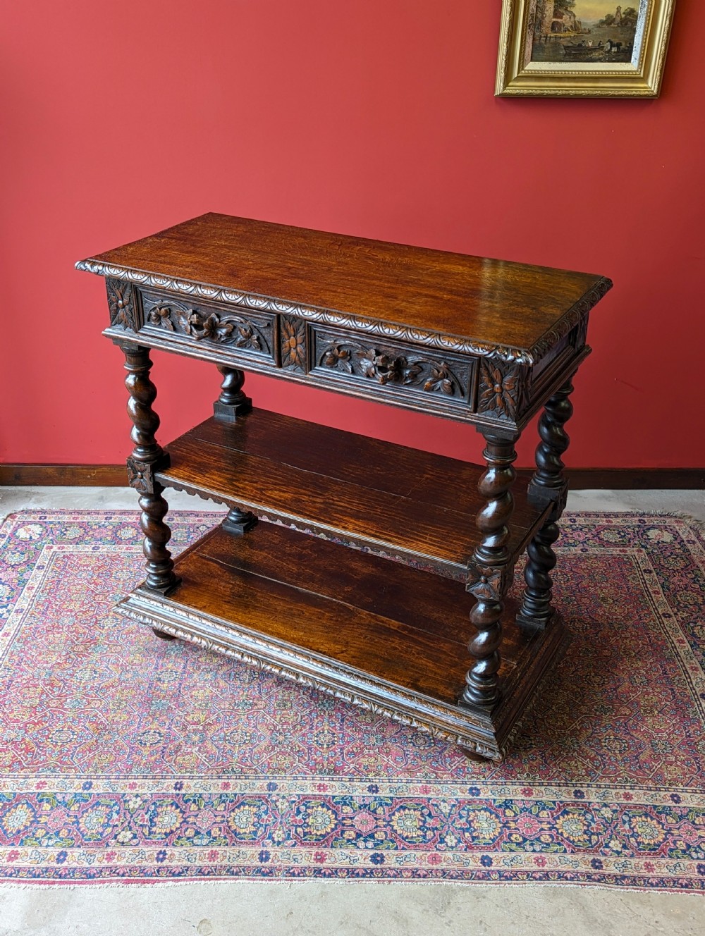 Antique Victorian Carved Oak Buffet / Tiered Side Table View VII