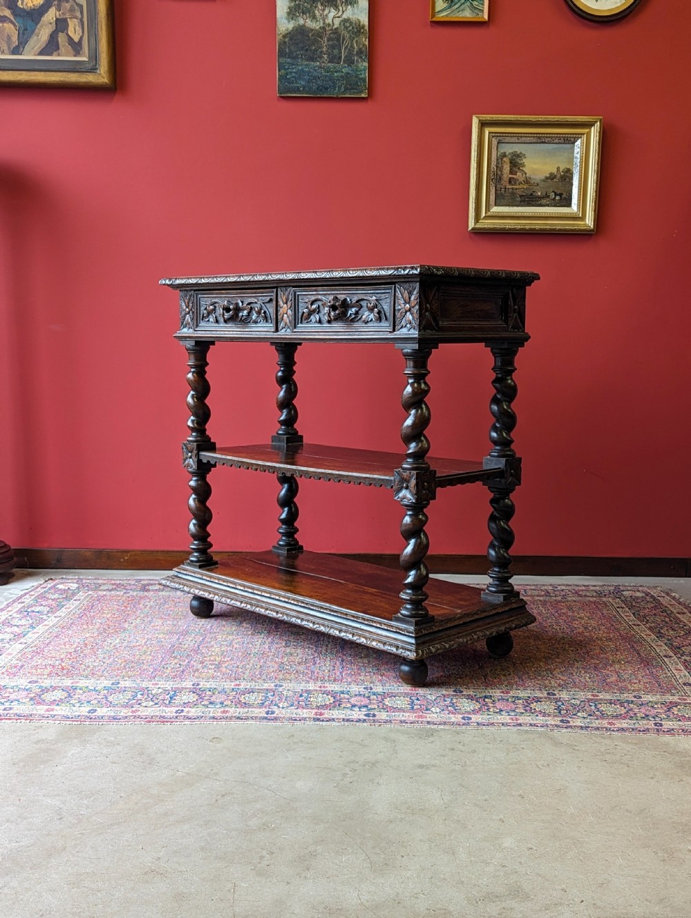 Antique Victorian Carved Oak Buffet / Tiered Side Table View VIII