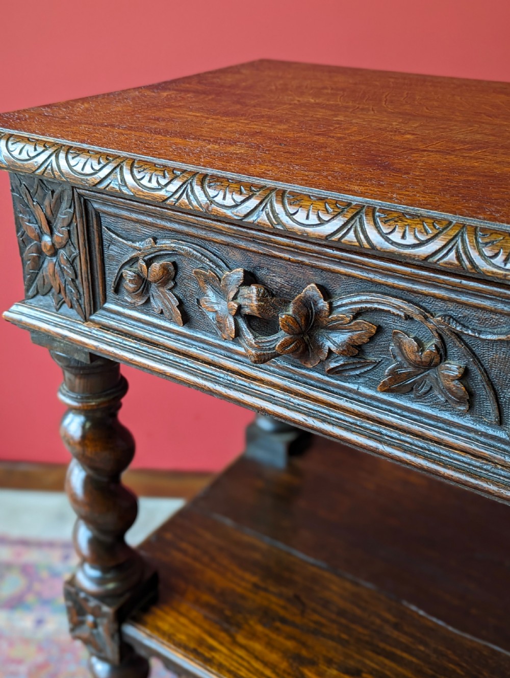 Antique Victorian Carved Oak Buffet / Tiered Side Table View IX