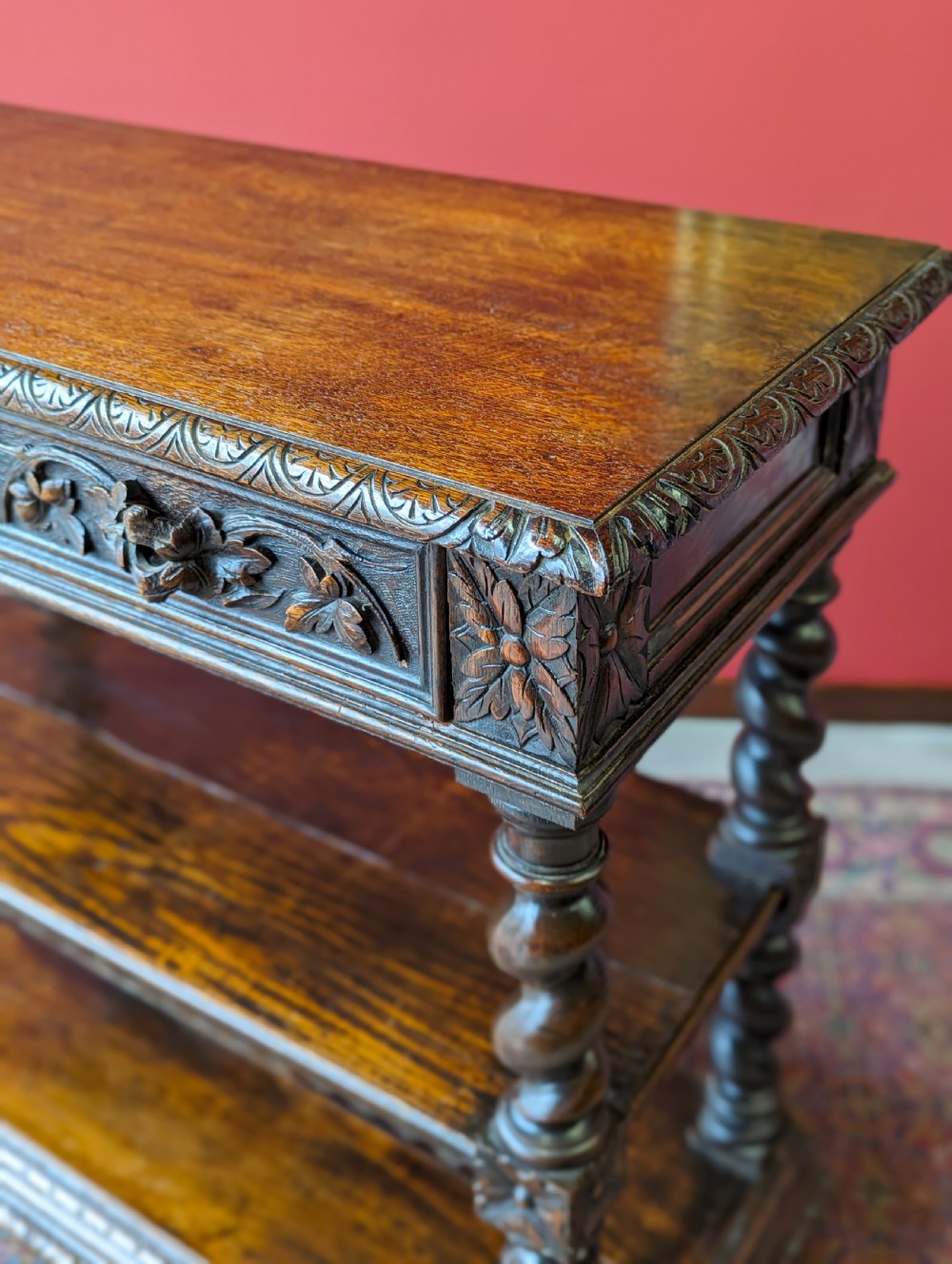 Antique Victorian Carved Oak Buffet / Tiered Side Table View X